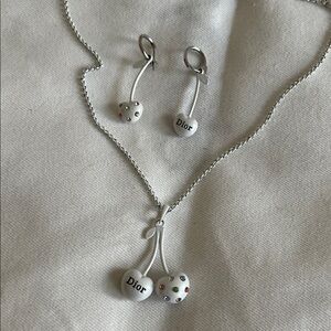 Dior White Cherry Necklace and Earrings with Multicolor Crystal Accents